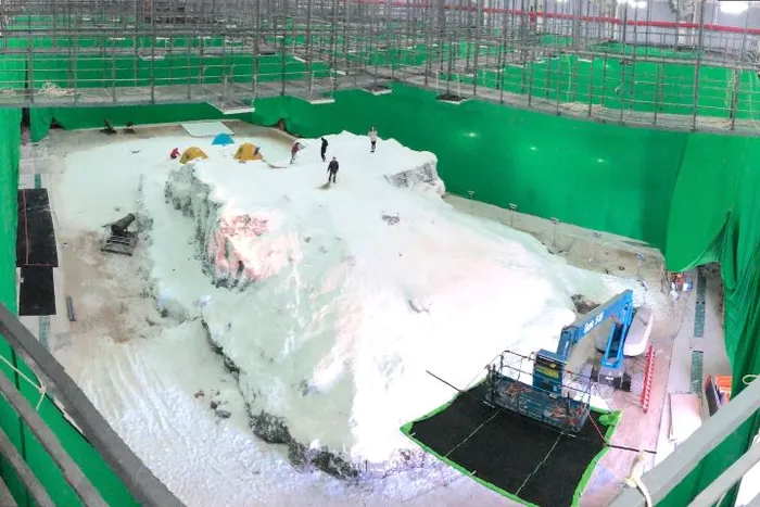 Mount Everest summit is recreated on one of the stages at Beijing’s film studio.