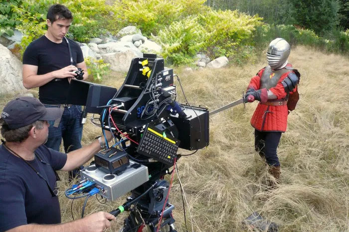 The late great operator Rene Smith and assistant Stirling Bancroft set up a perfect 3D shot.