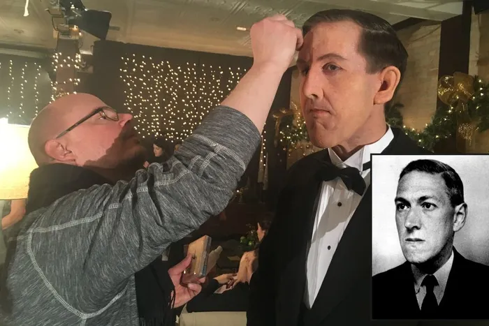 Master special effects makeup artist Doug Morrow transforms actor Paul Titley into HP Lovecraft.