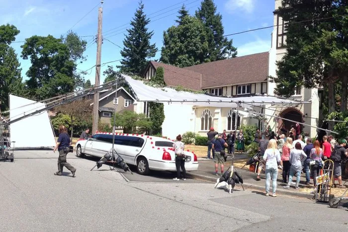Wedding scene. Camera crane, sun diffuser, 18000 watt HMI light. Action!